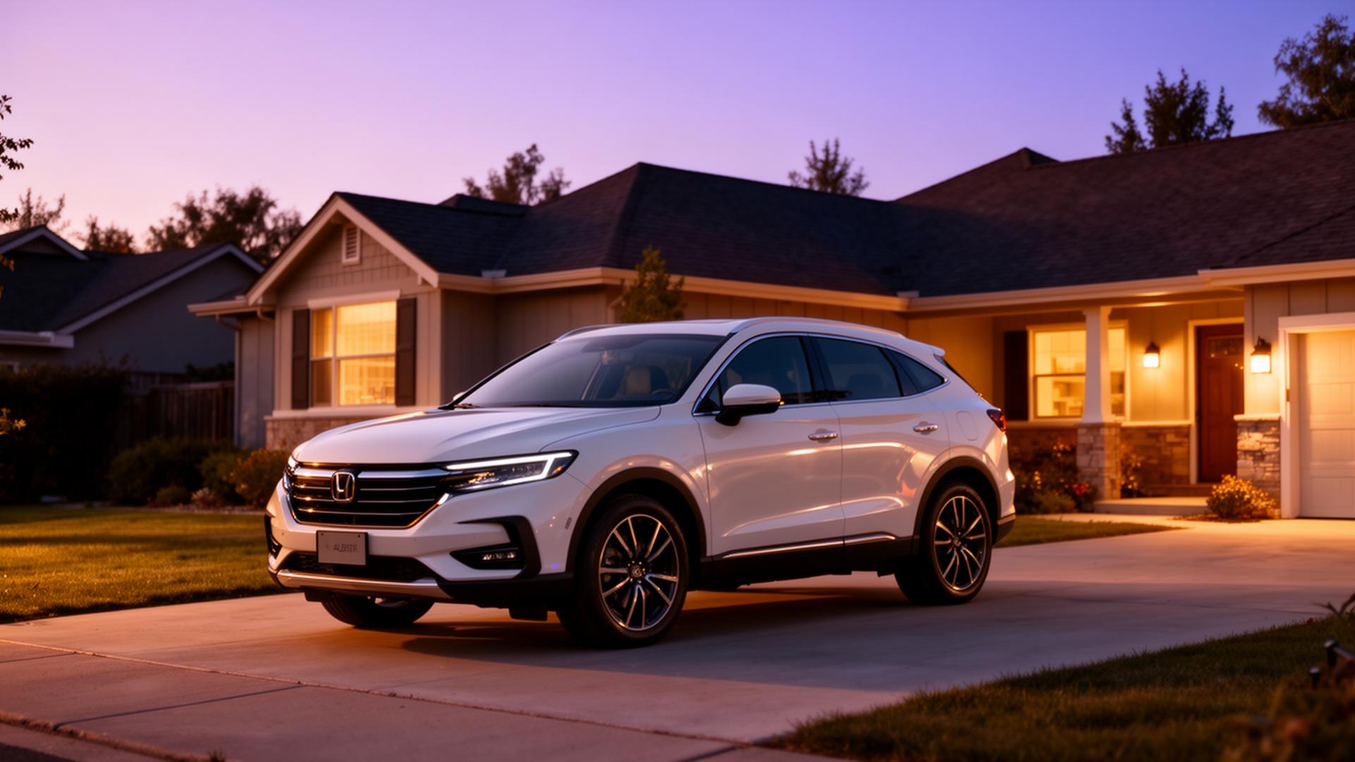 Car parked in a suburban home driveway at dusk